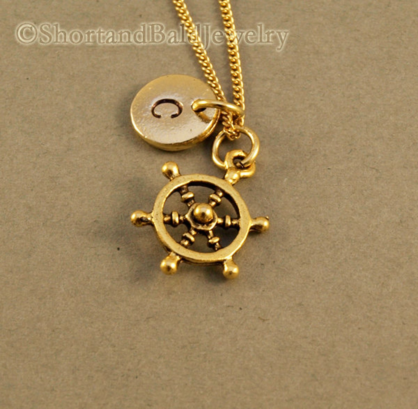 Ship Steering Wheel Necklace Nautical Antique Gold Initial Etsy