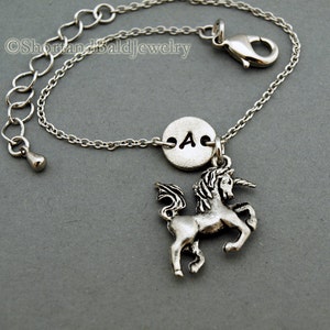 Unicorn charm bracelet, antique silver, initial bracelet, friendship, mothers, adjustable, monogram