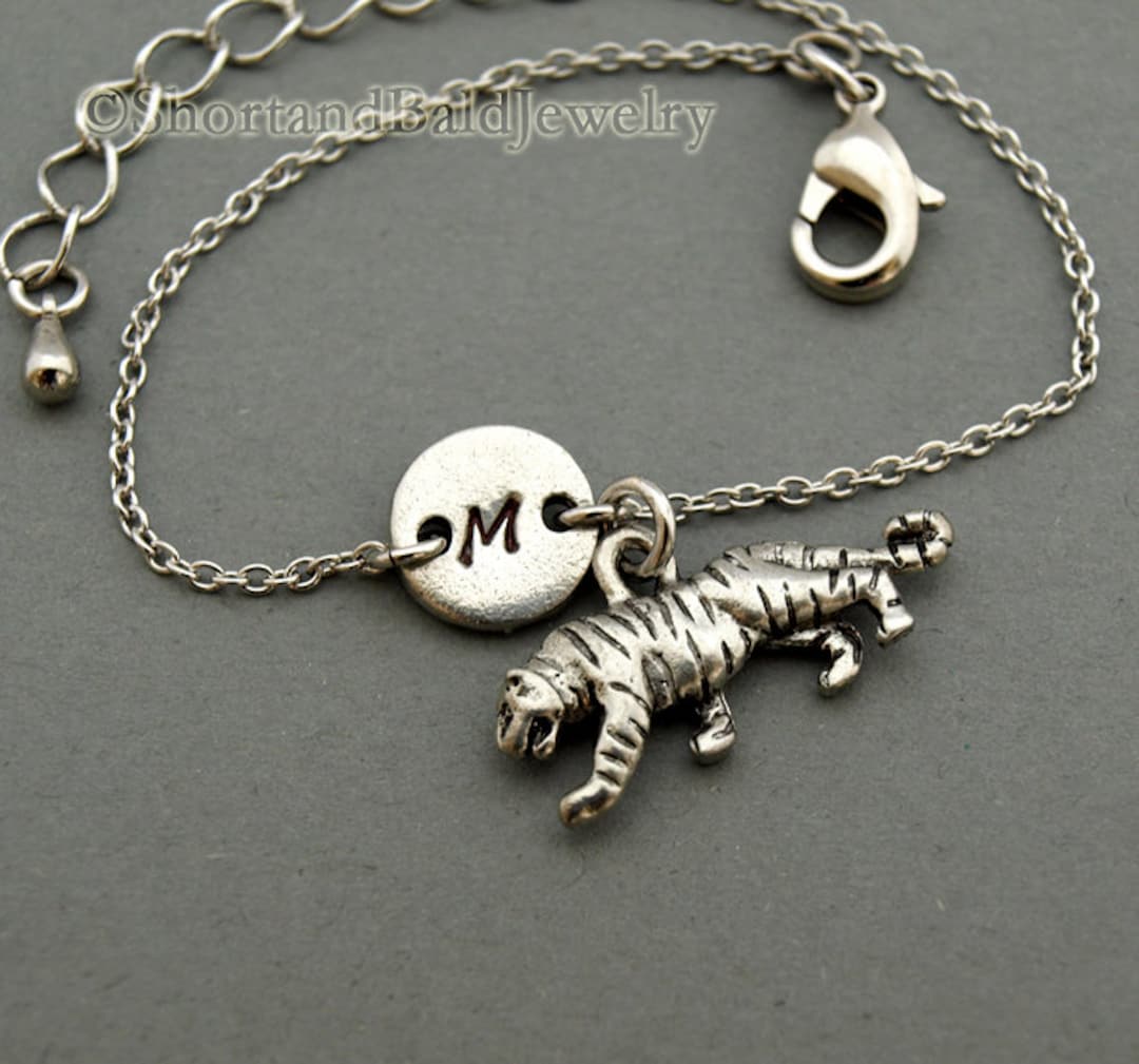 Tiger Charm Bracelet, Antique Silver, Initial Bracelet, Friendship