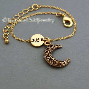 Crescent moon charm bracelet, antique gold, initial bracelet, friendship, mothers, adjustable, monogram