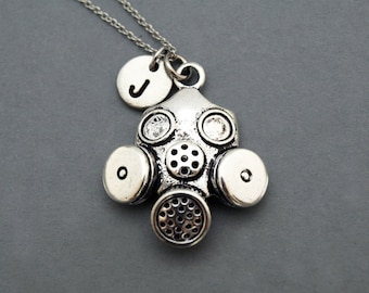 Gas Mask necklace, Protective Mask, antique silver, initial necklace, initial hand stamped, personalized, monogram