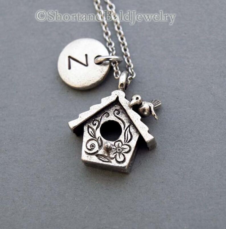 Birdhouse Charm Necklace Bird House Initial Necklace Etsy