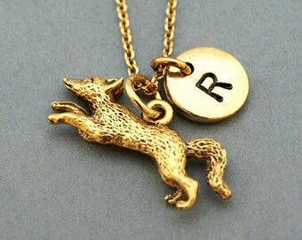 Running fox Necklace, Fox necklace, initial necklace, initial hand stamped, personalized, antique gold, monogram