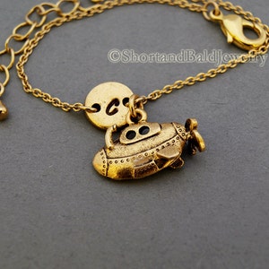 Submarine charm bracelet, yellow submarine, antique gold, initial bracelet, friendship, mothers, adjustable, monogram