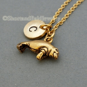 Manatee charm necklace, antique gold, initial necklace, initial hand stamped, personalized, monogram