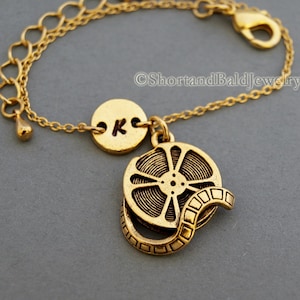 Film Reel charm bracelet, Movie reel, antique gold, initial bracelet, friendship, mothers, adjustable, monogram
