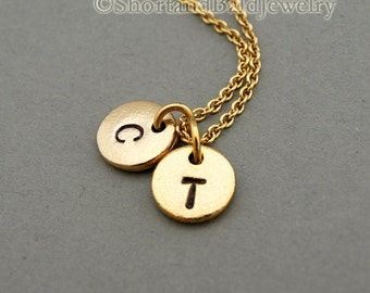 Two initial hand stamped charms, antique gold, initial necklace, initial hand stamped, personalized, monogram