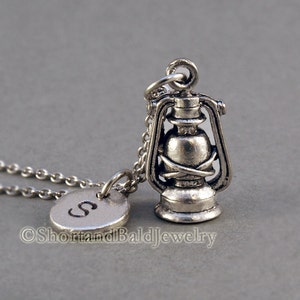 Antique lantern Necklace, lantern, ship lantern, antique silver, initial necklace, initial hand stamped, personalized, monogram