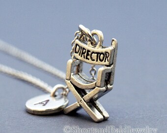 Director's chair charm necklace, movie film necklace, initial necklace, hand stamped, personalized, antique silver, monogram