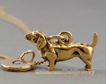 Daschund necklace, Dachshund, Doxie, antique gold, initial necklace, Wiener, initial hand stamped, personalized, monogram