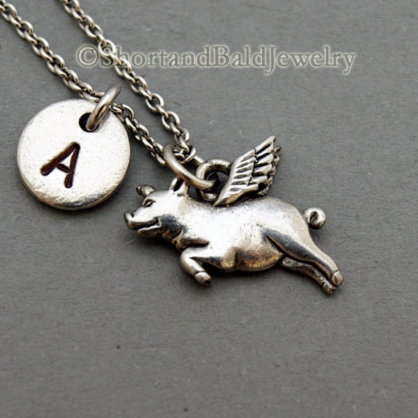 Pig with wings, flying pig necklace, Pig wings necklace, initial necklace, initial hand stamped, personalized, antique silver, monogram