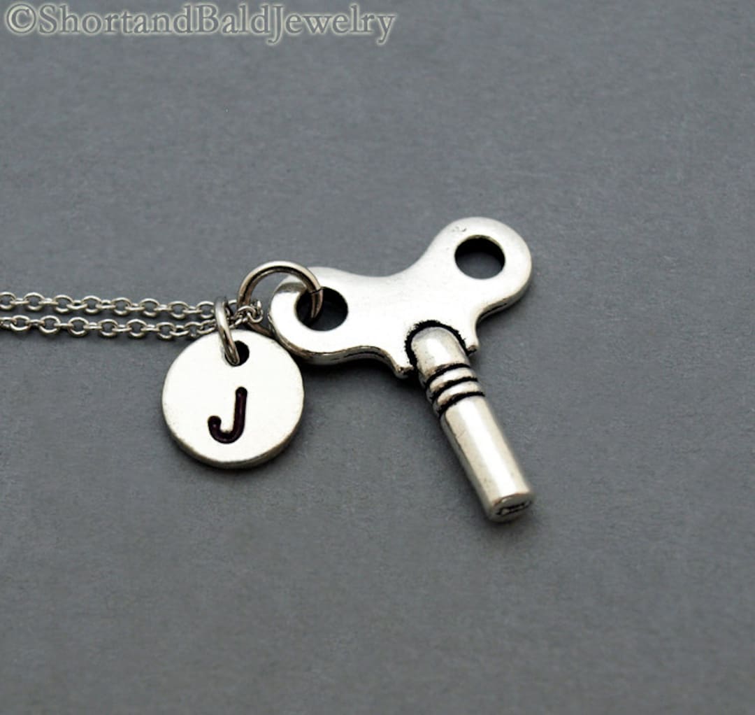 Clock Winding Key Necklace, Clock Key Necklace, Initial Necklace, Initial Hand Stamped