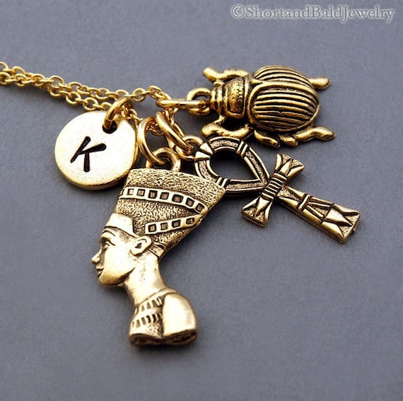 Nefertiti necklace, Great Royal Wife, Pharaoh Akhenaten, gold ANKH, the key of the Nile, Scarab beetle, Egyptian theme, monogram