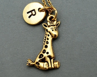 Collana giraffa, Giraffa Carina, fascino giraffa oro, fascino giraffa gialla, collana iniziale, stampata a mano iniziale, personalizzata, monogramma