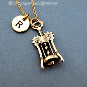 Wine Bottle Opener necklace, Cork Screw, wine screw, antique gold, initial necklace, initial hand stamped, personalized, monogram
