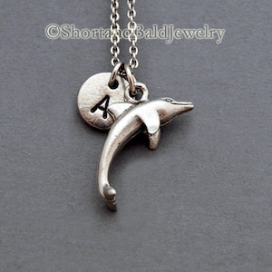 Dolphin charm Necklace, initial necklace, initial hand stamped, personalized, antique silver, monogram