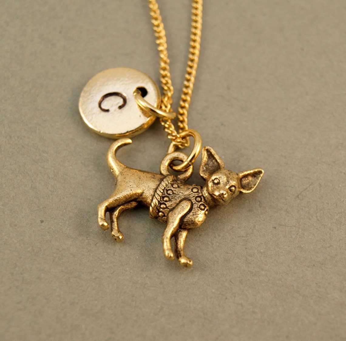 Chihuahua Necklace Dog Necklace Antique Gold Initial Etsy