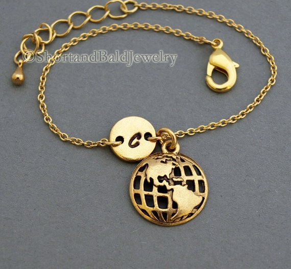 Globe Charm Bracelet World Globe Earth Day Antique Gold Initial Bracelet Friendship Mothers Adjustable Monogram Etsy