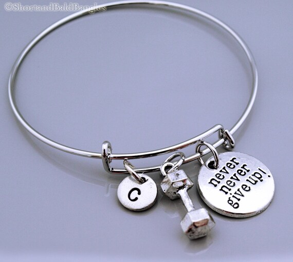 Never Never Give Up Dumbbell Bangle Dumbbell Bracelet Weightlifting Exercise Fitness Dumb Bell Charm Monogram Initial Bracelet Etsy Ireland