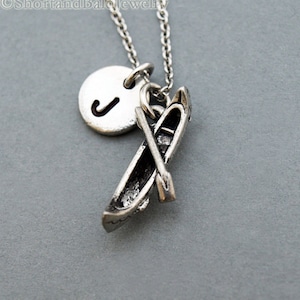 Canoe necklace, Kayak, boat necklace, paddle necklace, initial necklace, initial hand stamped, personalized, antique silver, monogram