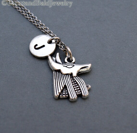 Anubis necklace, Egyptian god Anubis Necklace, antique silver, initial necklace, initial hand stamped, personalized, monogram
