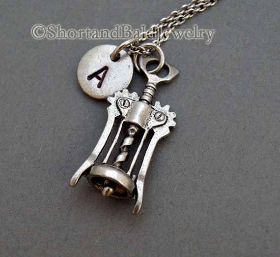 Wine Bottle Opener necklace, Silver Cork Screw, Silver wine screw, Silver wine bottle opener, Silver Corkscrew, initial necklace, monogram