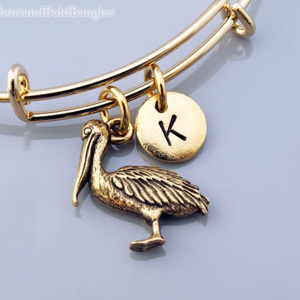 Pelican charm Bangle, Pelican bracelet, Bird, Gold pelican, Expandable bangle, Personalized bracelet, Charm bangle, Initial bracelet