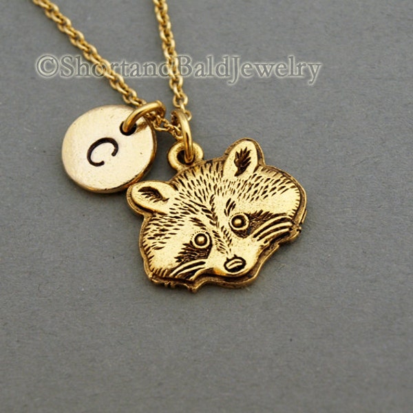 Raccoon charm necklace, racoon face charm, antique gold, initial necklace, initial hand stamped, personalized, monogram