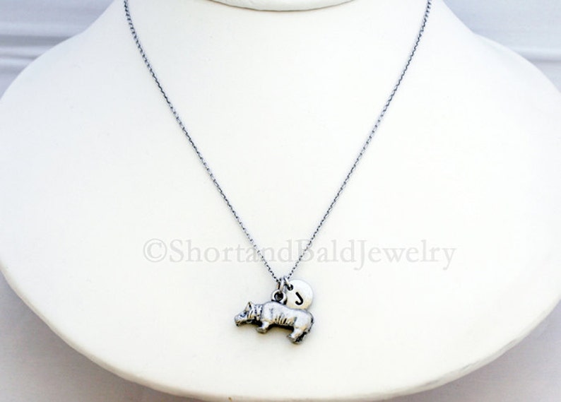 hippo necklace personalized initial necklace initial hand stamped Hippopotamus charm necklace Silver hippo charm monogram