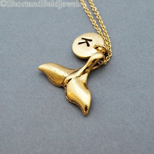 Whale tail necklace, gold whale tail charm, yellow whale tail charm, initial necklace, initial hand stamped, personalized, monogram
