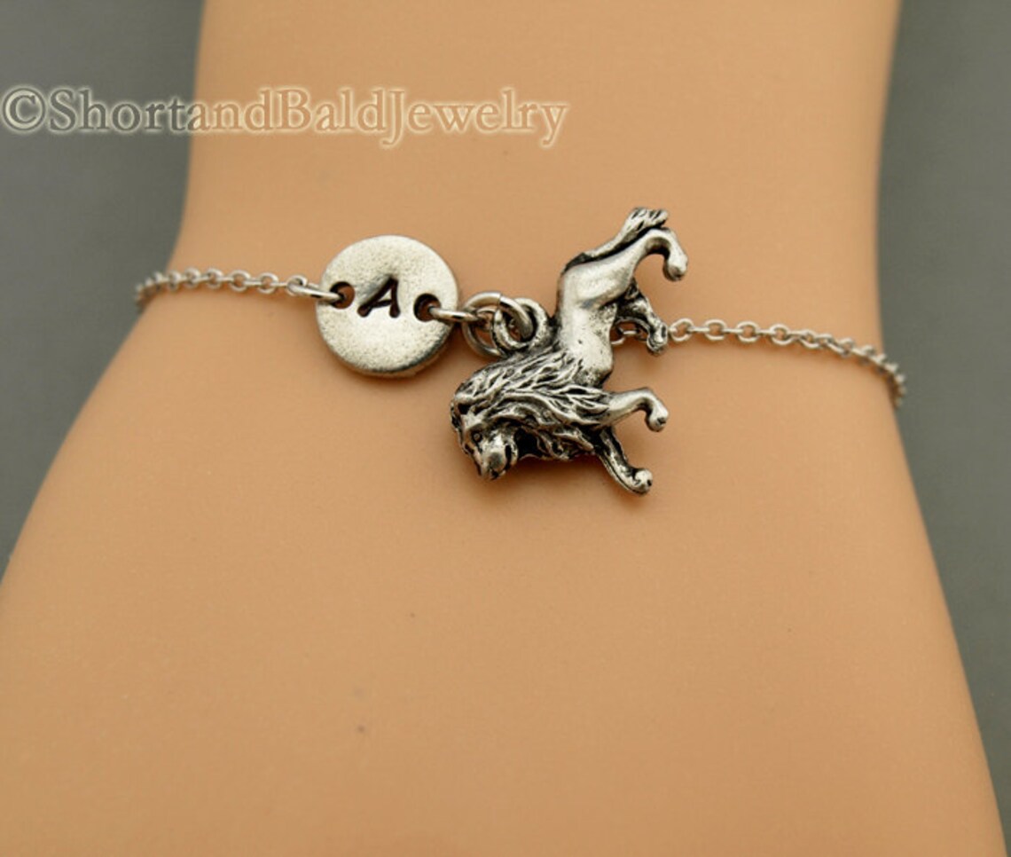 Lion Charm Bracelet Antique Silver Initial Bracelet Etsy