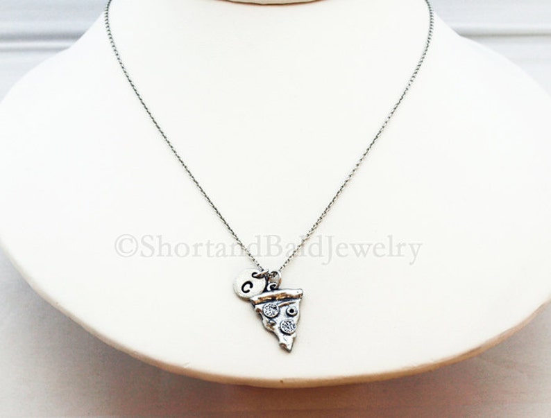 initial hand stamped Pizza necklace Pizza slice antique silver food charm personalized monogram pepperoni pizza initial necklace