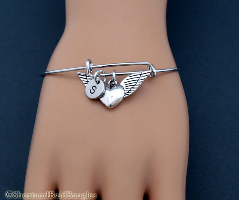 Armband med vingar och hjärta, armband med änglavingar och hjärta, skyddsängel, expanderbart armband, personligt armband, charmarmband, initialarmband bild 3