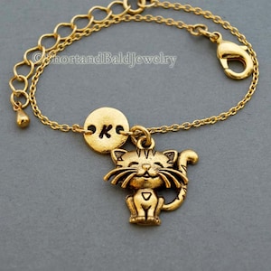 Cute Cat charm bracelet, Kitten, Kitty, antique silver, initial bracelet, friendship, mothers, adjustable, monogram