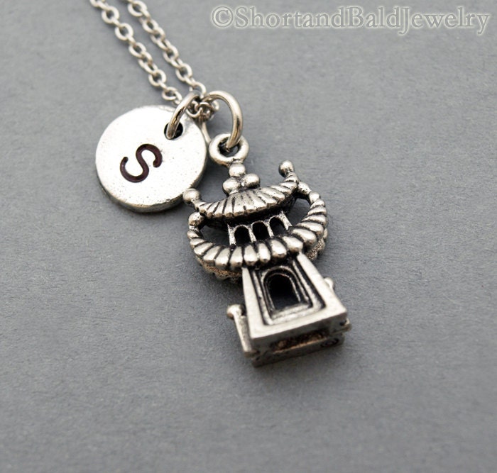 Pagoda Charm Necklace Pagoda Initial Necklace Hand Stamped