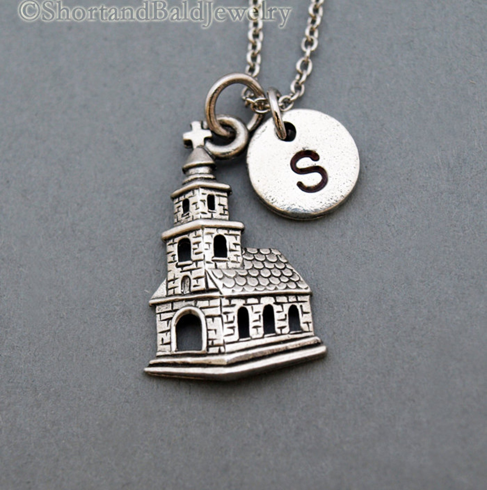 Church Charm Necklace Church Necklace Initial Necklace Etsy