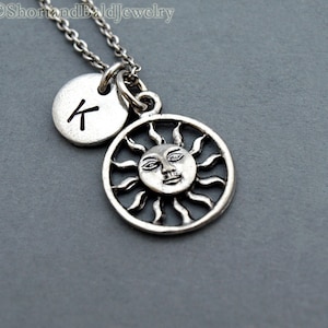 Sun necklace, Sun charm jewelry, Silver sun necklace, Celestial necklace, initial necklace, personalized, antique silver, monogram