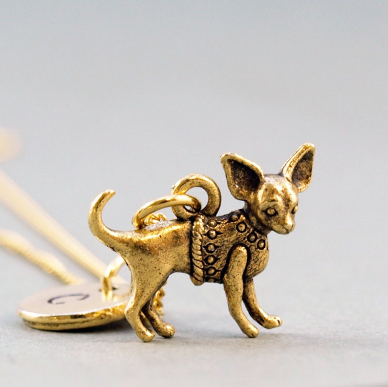 Chihuahua Necklace Dog Necklace Antique Gold Initial Etsy