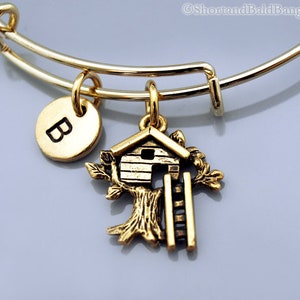 Tree house bangle, tree house bracelet, Treehouse charm, Expandable bangle, Personalized bracelet, Charm bangle, Monogram, Initial bracelet