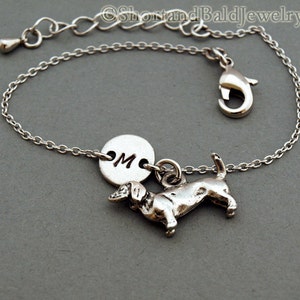 Daschund charm bracelet, Dachshund, Doxie, antique silver, Wiener, initial bracelet, friendship, mothers, adjustable, monogram