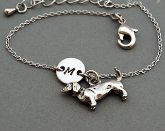 Daschund charm bracelet, Dachshund, Doxie, antique silver, Wiener, initial bracelet, friendship, mothers, adjustable, monogram