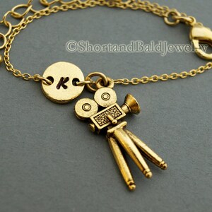Movie Camera charm bracelet, film bracelet, antique gold, initial bracelet, friendship, mothers, adjustable, monogram