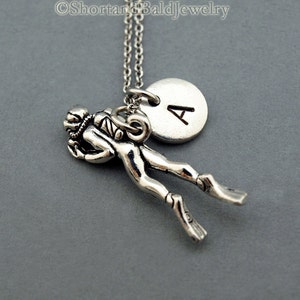 Diver necklace, Scuba diving, antique silver, initial necklace, initial hand stamped, personalized, monogram