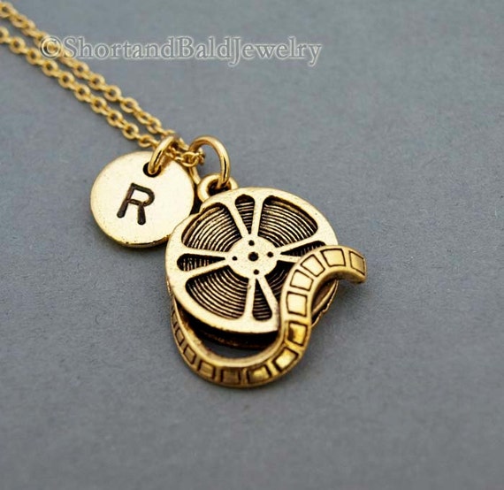 Film Reel Necklace, Movie Reel, Antique Gold, Initial Necklace