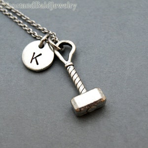 Thor&#39;s hammer necklace, hammer of Thor, Mjölnir, antique silver, initial necklace, initial hand stamped, personalized, monogram