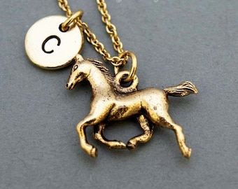 Horse necklace, Running Horse necklace, antique gold, initial necklace, initial hand stamped, personalized, monogram
