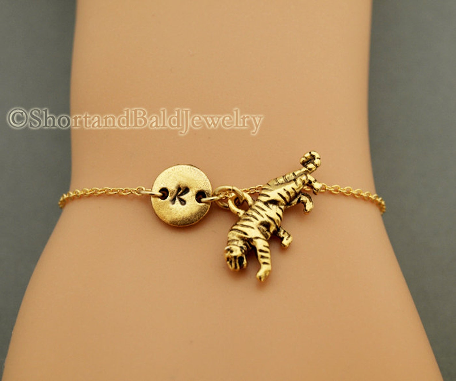 Tiger Charm Bracelet Antique Gold Initial Bracelet Etsy