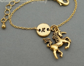 Unicorn charm bracelet, antique gold, initial bracelet, friendship, mothers, adjustable, monogram