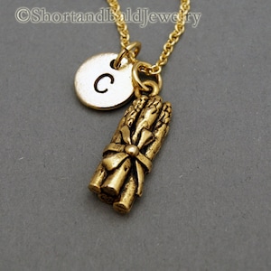 Asparagus charm necklace, vegetable, antique gold, initial necklace, initial hand stamped, personalized, monogram