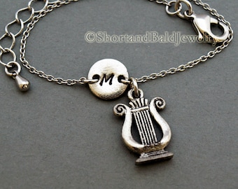 Ancient Harp charm bracelet, The Lyre, antique silver, initial bracelet, friendship, mothers, adjustable, monogram